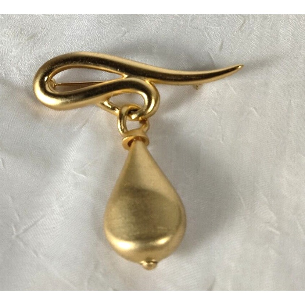 Brushed Gold Swirl Brooch Teardrop Dangle Makers Mark